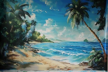 : A graffiti mural of a tranquil beach scene,