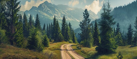Aerial top view, mountain road in green forest with mountain background. - obrazy, fototapety, plakaty