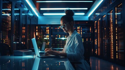 An attentive professional from the data center ensures effective processing, storage and protection of data using advanced technologies and methods. Female support center worker working on laptop