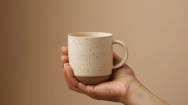 Artistic portrayal of a hand cradling a minimalist coffee mug, perfect for a modern coffee brand, against an undistracted isolated backdrop with studio lighting