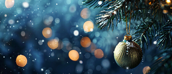 Obraz na płótnie Canvas Christmas Tree In Snow Ball Hanging Fir Branch With Go