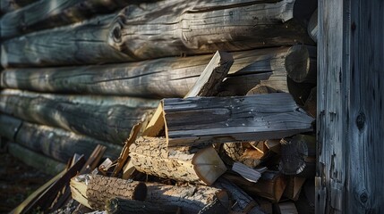 Firewood stacked near the wooden wall of old hut Many chopped logs of firewood close up : Generative AI