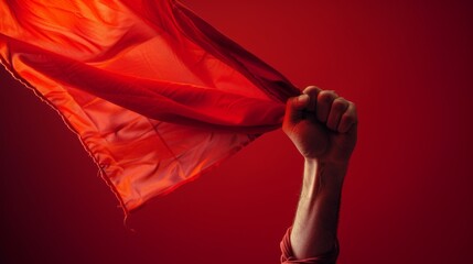 Close-up of a hand firmly holding a flag, focus on texture and colors, simple isolated backdrop, studio lighting
