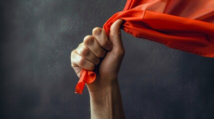 Close-up of a hand firmly holding a flag, focus on texture and colors, simple isolated backdrop, studio lighting - obrazy, fototapety, plakaty