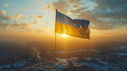 The flag of Ukraine flies at sunset over the city - obrazy, fototapety, plakaty