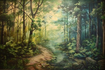 : A graffiti mural of a serene forest scene,