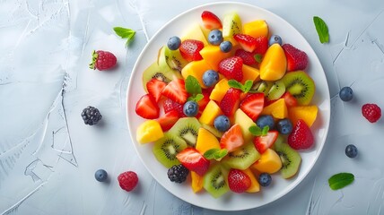  A vibrant fruit salad arranged elegantly on a white plate, radiating freshness and health. 

