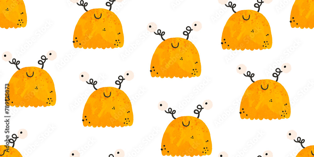 Sticker seamless pattern with cartoon orange monsters. halloween background. cartoon monster. cute baby funn - Stickers