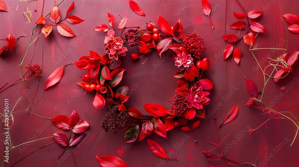 Poster autumn composition wreath made of autumn red leaves and flowers flat lay top view copy space square 