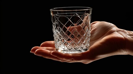 Fototapeta na wymiar Elegant image of a hand holding a vintage tumbler glass, empty to highlight the intricate glass pattern, against a clean, isolated background, studio lighting