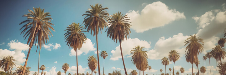 Palm trees on blue sky background, vintage style, banner.