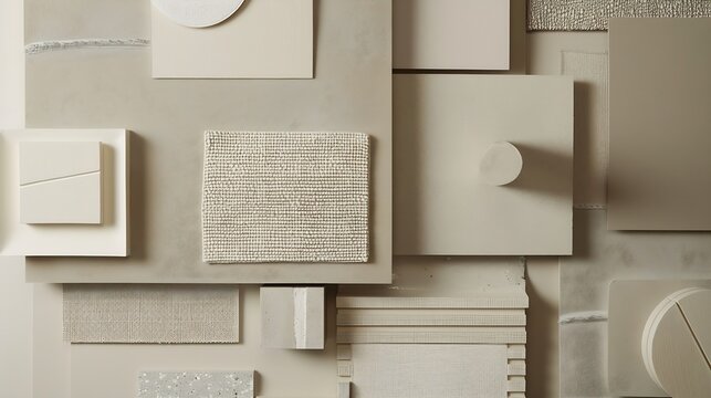 Creative flat lay composition with textile and paint samples panels and cement tiles Stylish interior designer moodboard Light beige color palette Copy space Template : Generative AI