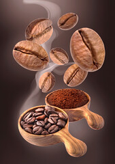 Coffee beans and ground coffee isolated on white background.