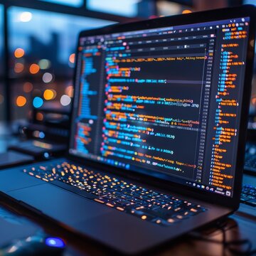 A laptop open on the table with a screen showing vibrant lines of code, illustrating software development or programming tasks