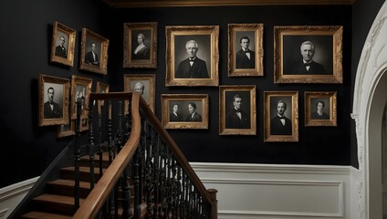 A staircase wall elegantly lined with black-and-white ancestral portraits in ornate, gold-leaf frames Generative AI - obrazy, fototapety, plakaty