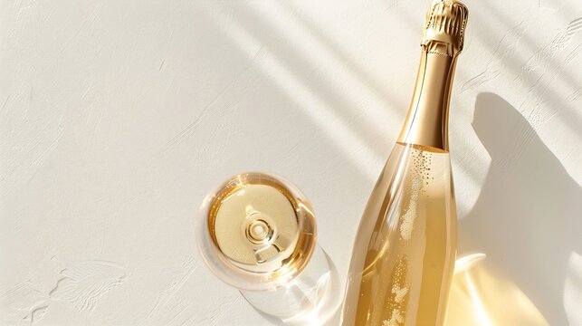 Top view white sparkling wine bottle and glass wine with sun shadow and glare on light white background Flat lay  golden champagne bottle Summer alcoholic drink concept banner with cop : Generative AI