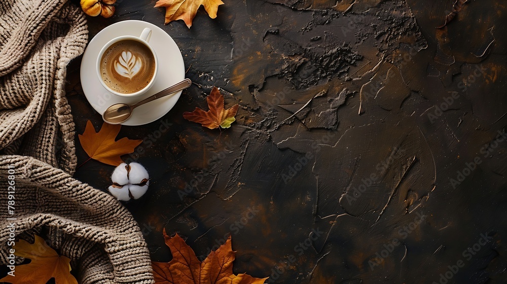 Poster autumn composition a cup of coffee cotton flowers autumn leaves and sweater on stone background flat