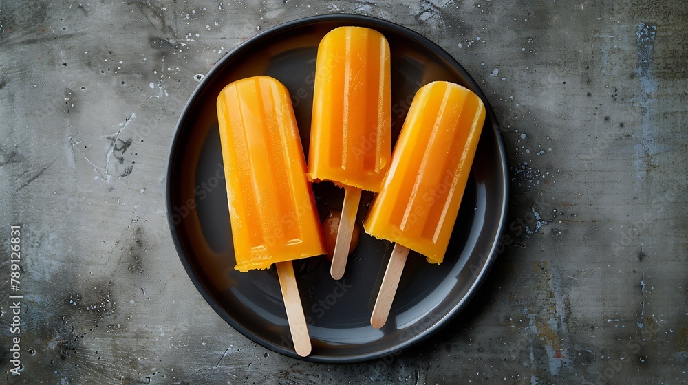 Poster plate of tasty mango ice pop on grey table flat lay fruit popsicle : generative ai