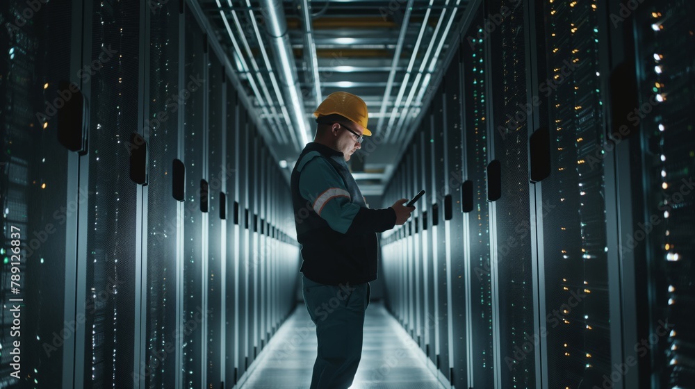 Aufkleber A data center programming expert studies and improves data processing algorithms to ensure their efficient storage and security in cloud storage.