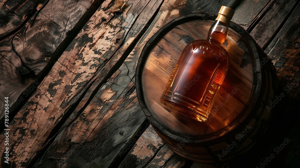 Poster bottle with rum cognac or whiskey over old wooden barrel top view flat lay with copy space : generat