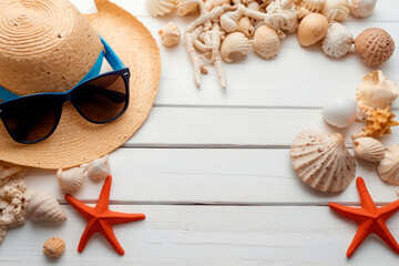 Straw hat, sunglasses and seashells on white background. Concept of summer, vacation, beach, sea, template, copy space.