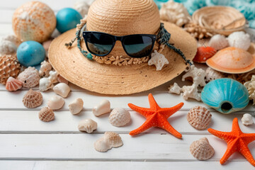 Straw hat, sunglasses and seashells on white background. Concept of summer, vacation, beach, sea, template, copy space.