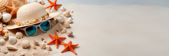 Straw hat, sunglasses and seashells on sand background. Concept of summer, vacation, beach, sea, template, copy space.