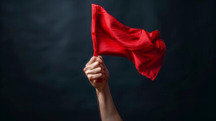 Powerful image of a hand clutching a flag with a bold emblem, stark isolated background enhancing focus, studio lighting