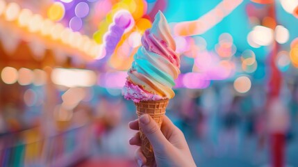 Playful image of a hand clutching a colorful melted ice cream against a blurred fun fair background, bright and festive, studio lighting - obrazy, fototapety, plakaty