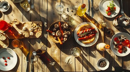 Flat lay of table served with plates of mushrooms hotdog grilled meat sauce slices of bread bottles...