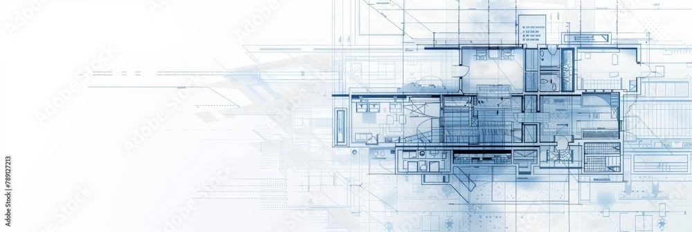 Poster a blue and white abstract image of a building with many windows. the image is meant to convey a sens
