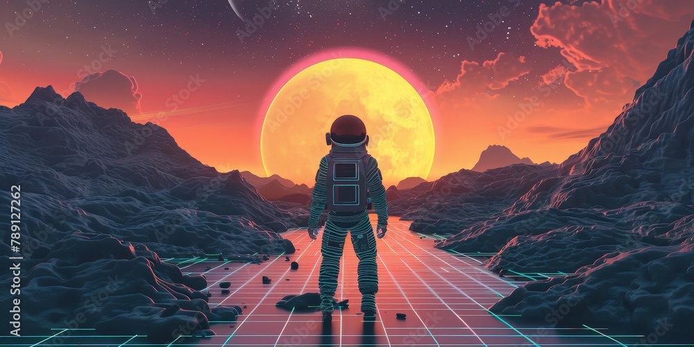 Aufkleber a man in a spacesuit stands on a road in front of a large orange moon. the scene is set in a futuris