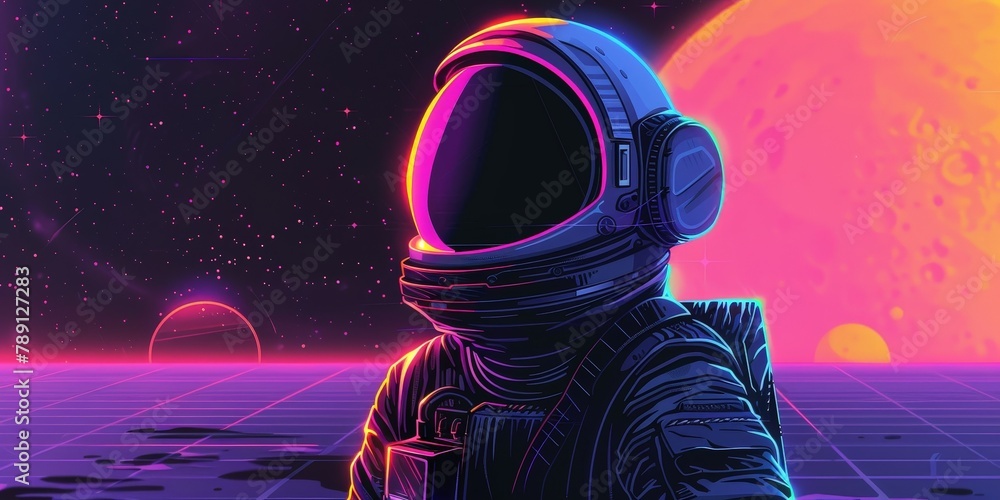 Poster a colorful space scene with a man in a spacesuit. the man is looking at the camera