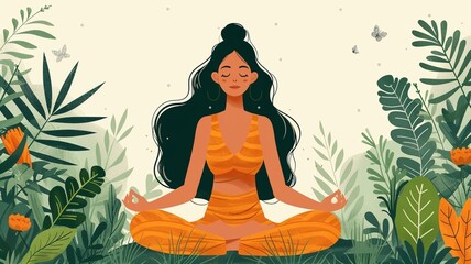 Yoga woman meditating in lotus flower pond vector illustration. - obrazy, fototapety, plakaty