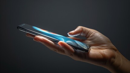 Professional shot of a hand gripping a modern mobile phone with a bright, clear screen showcasing an advertisement, isolated neutral background, studio lighting