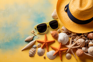 Straw hat, sunglasses and seashells on yellow background. Concept of summer, vacation, beach, sea, template, copy space.
