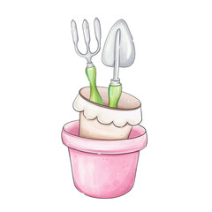 Watercolor garden tools - pots, isolated. Hand draw springtime farmer kit in cartoon, romantic style for postcard, scrapbooking, sticker, poster, packing