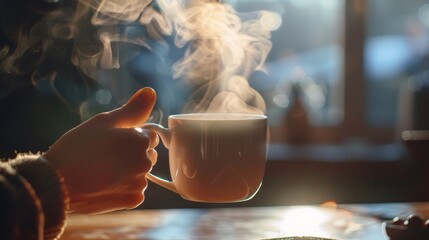 Promotional image featuring a hand and a coffee mug with steam rising, evoking warmth and comfort, isolated background, studio lighting setting