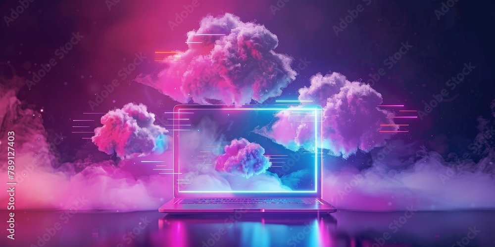 Poster a laptop is displayed with a cloud background and a purple and pink color scheme. concept of creativ