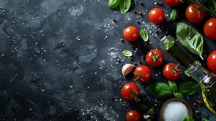 Black cooking background with useful cooking italian Mediterranean ingredients  tomatoes basil leaves greens olive oil salt pepper garlic flat lay black concrete table top view copy sp : Generative AI - obrazy, fototapety, plakaty
