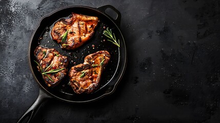 Grilled pork steak in frying pan on black background with copy space Top view flat lay food : Generative AI - obrazy, fototapety, plakaty