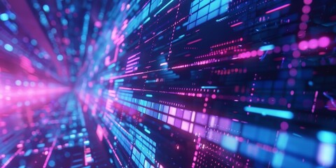 Obraz premium A computer generated image of a futuristic cityscape with neon lights and a blue and pink color scheme