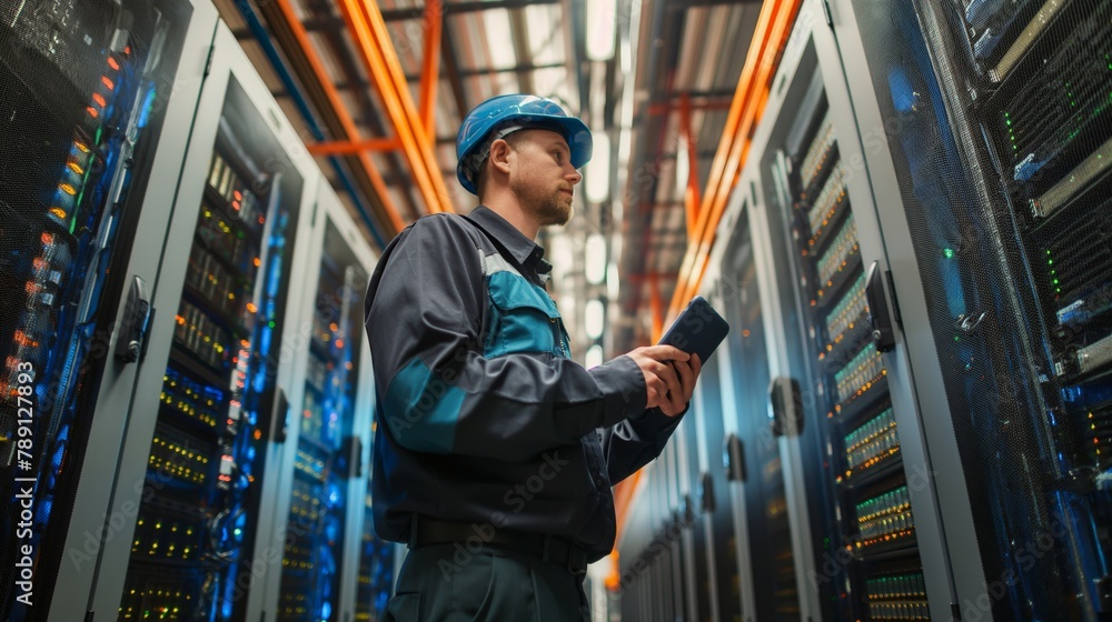 Aufkleber a male network equipment specialist in the data center shows a high level of expertise in setting up