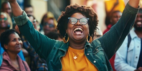 A woman with glasses and a gold necklace is smiling and holding her hands up in the air. She is surrounded by a group of people who are also smiling and looking at her. Scene is joyful and celebratory - obrazy, fototapety, plakaty