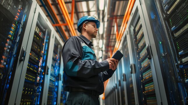 A male network equipment specialist in the data center shows a high level of expertise in setting up and maintaining network connections, ensuring their stable operation.