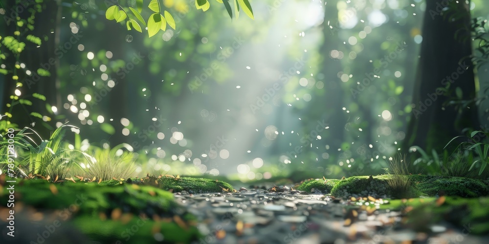 Poster a forest path with a lot of moss and leaves on the ground. the path is surrounded by trees and the s