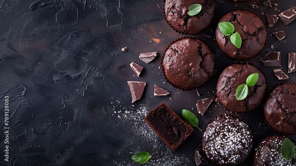 Poster chocolate brownies cacao muffins flat lay baking concept top view copy space on dark background : ge