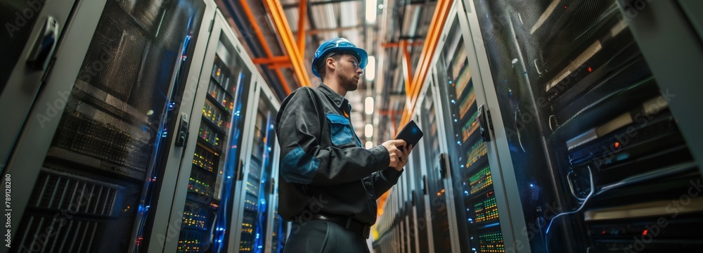 Poster A male engineer in a data center focuses on solving technical problems and configuring equipment to ensure the highest performance and smooth operation of servers. Banner