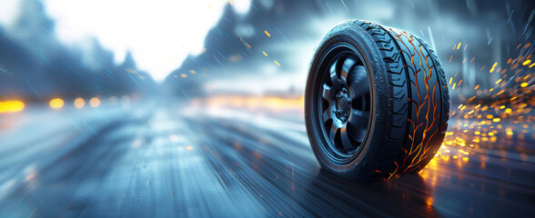 Car tire on fire. Speed and motion effect with sparks and bright lights on wet asphalt. Banner with copy space. Generative AI