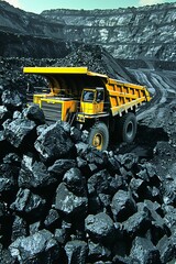 Yellow anthracite mining truck in open pit coal mine industry for efficient extraction